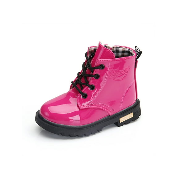 Difumos Girls Boys Combat Boots Patent Leather Short Bootie Side Zipper Ankle Boot Hiking Non-Slip Booties Comfort Lace Up Rose Red 4.5C