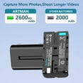 thumbnail image 3 of Artman NP-F550 - Paquete de 2 baterías y cargador de pared para cámara Sony NP F550 F530 F970 F960 F770 F750 F330 CCD-SC55 TR516 TR716 TR818 TR910 TR917 CN-160 CN-216 Luz de vídeo LED (2600 mAh), 3 of 6