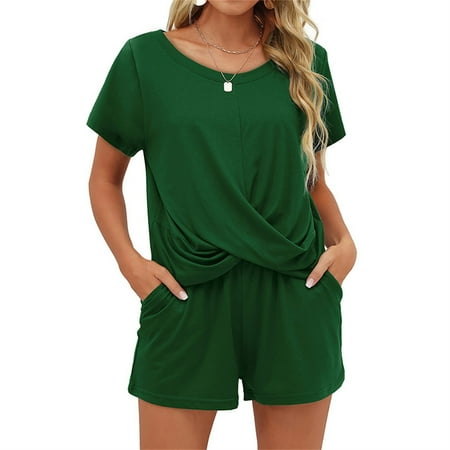

Peryerana Women Knotted Hem Crew Neck Short Sleeves Summer Pajamas Set Sleepwear