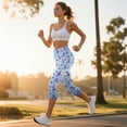 thumbnail image 3 of SCRAWLGOD Floral Leaf Yoga Print Blue Women's Workout Capri Leggings for Women with Pockets Elastic Lightweight High Waisted Yoga Leggings for Running Pants Yoga Gym Casual Summer, XXL, 3 of 7