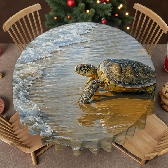RKSupls 1pc Sea Turtle Beach Ocean Wave Print 60-Inch Round Tablecloth for Dining Table, Festive Table Setting, Sea Turtle Beach Ocean Wave