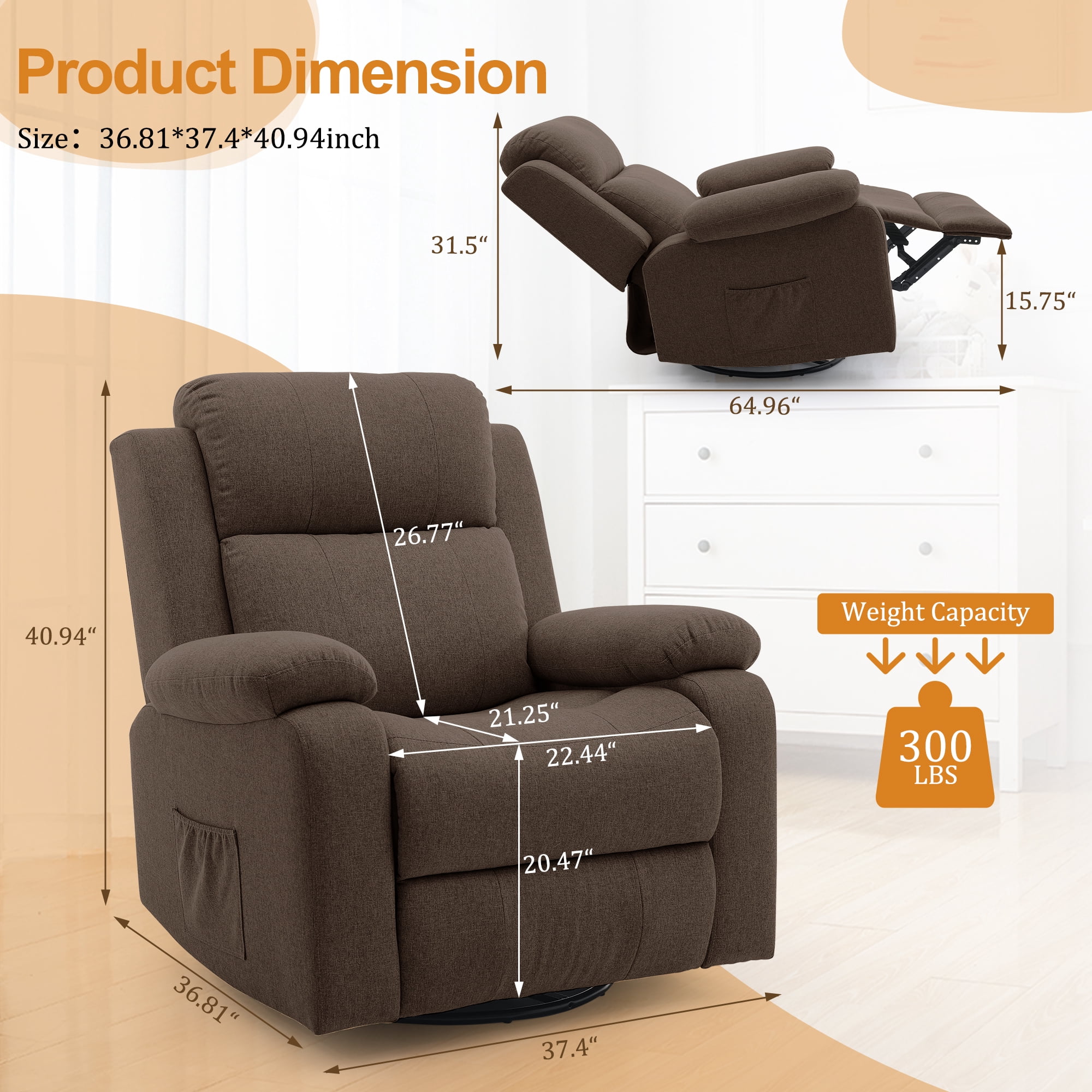 Korser Swivel Rocker Recliner Chair for Adults with Massage and Heat,Upholstered Manual Recliner with Side Pockets Glider Recliner for Living Room,Linen,Brown