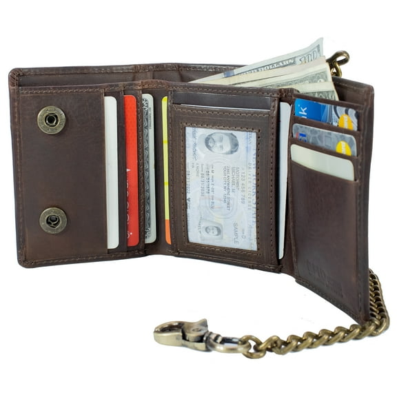 Men Biker Long Chain Trifold Wallet in Vintage Hunter Antique Leather with RFID Blocking