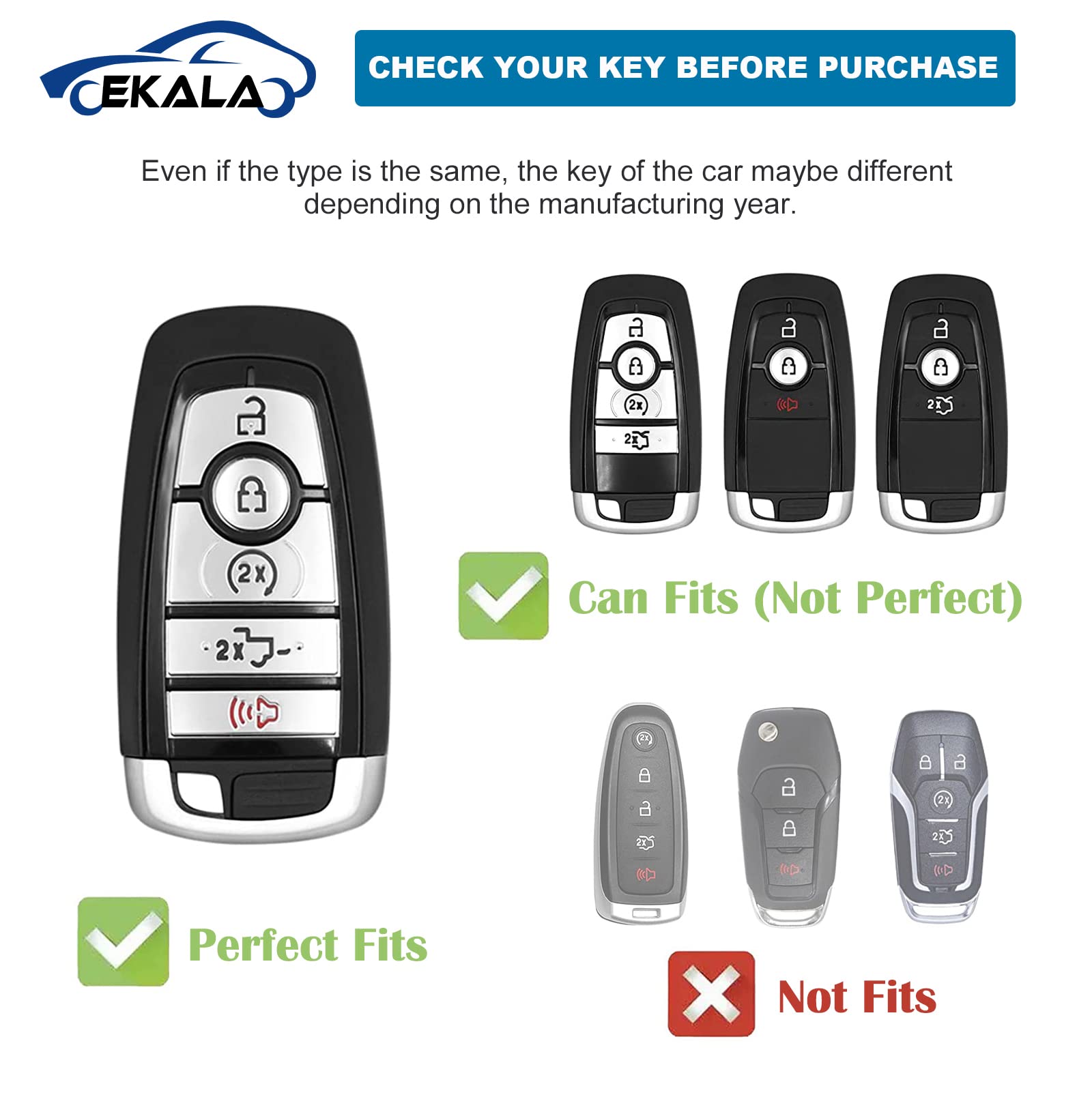 Premium Leather and TPU 5-Button Key Fob Protector with Keychain for Ford F150 Explorer Mustang Fusion Edge Escape Expedition Lincoln Black Gold Smart Remote Cover Case