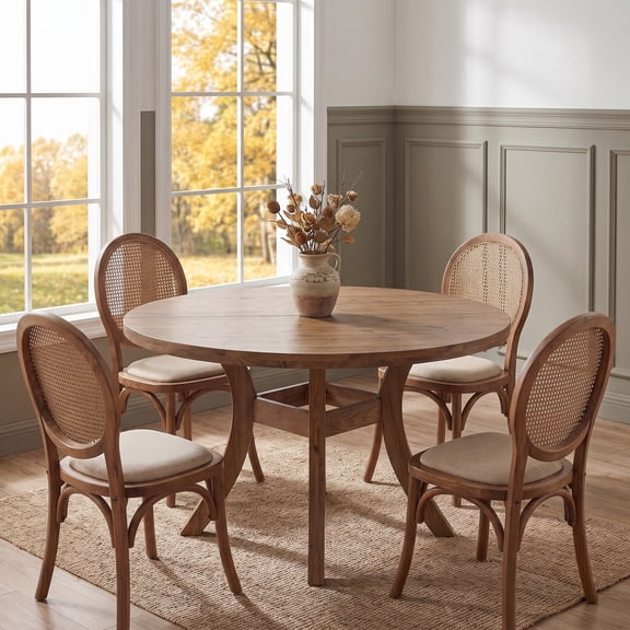 Fnova 47.2 Inch Round Solid Wood Dining Table, Curved‑Leg Stable Structure Farmhouse Kitchen Table for Dining Room Living‑Room Home Kitchen