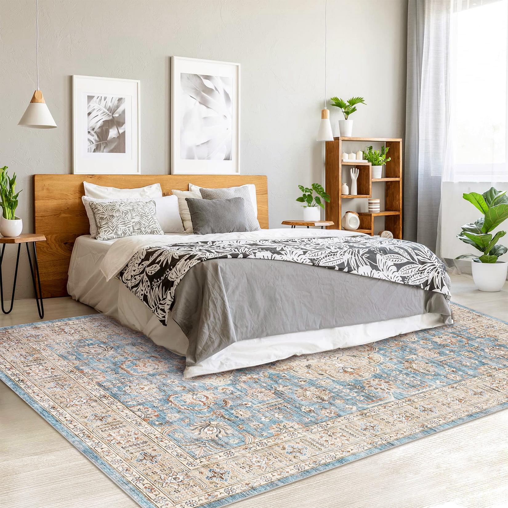Hasoo Area Rug 5' x 7' Vintage Retro Area Rug for Living Room Bedroom Medallion Distressed Washable Rug Blue