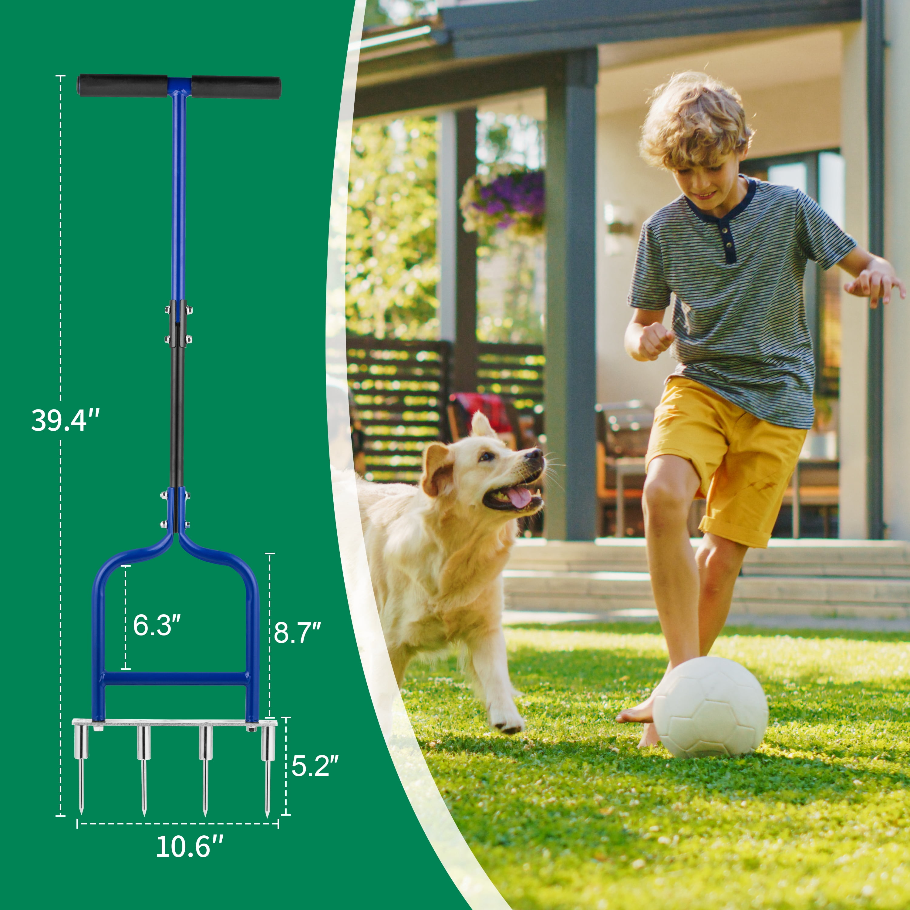 YOWPSY Spike Tine Fork Lawn Aerator - Four 5.2'' Stainless Steel Spikes Manual Gardening Hand Tool - Grass Dethatcher Aerator Lawn Tool with Solid Tines for Compacted Soil - Lawn Plugger Aerator.