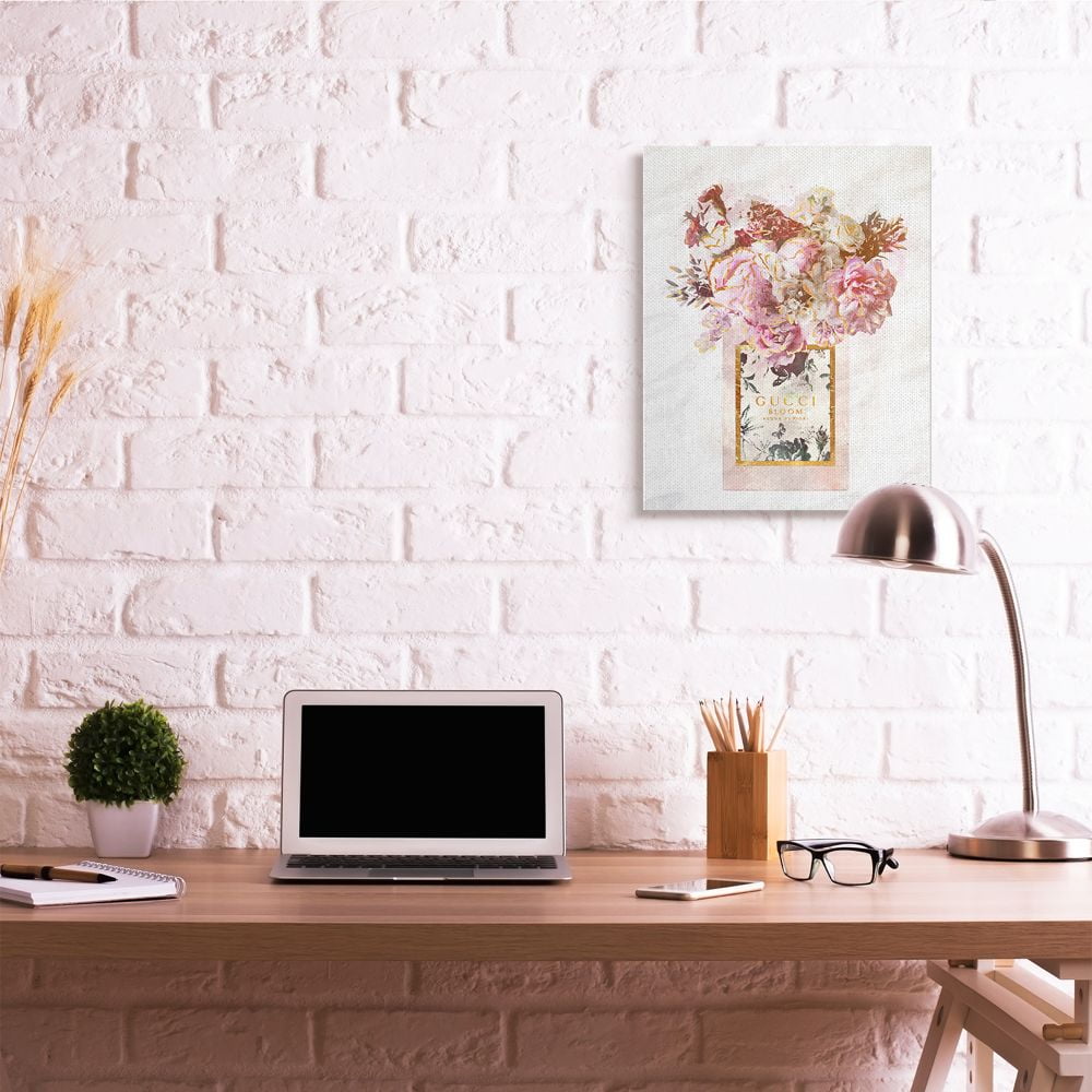 Stupell Industries Floral Bouquet Fashion Style Shopping Bag Pink White Gold Canvas Wall Art Design by Ziwei Li, 24" x 30"