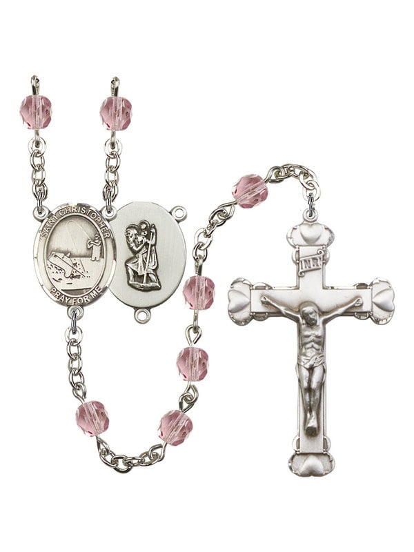 Christopher-Fishing Center St Gift Boxed and 1 3/8 x 3/4 inch Crucifix Silver Finish St Christopher-Fishing Rosary with 6mm Zircon Color Fire Polished Beads 