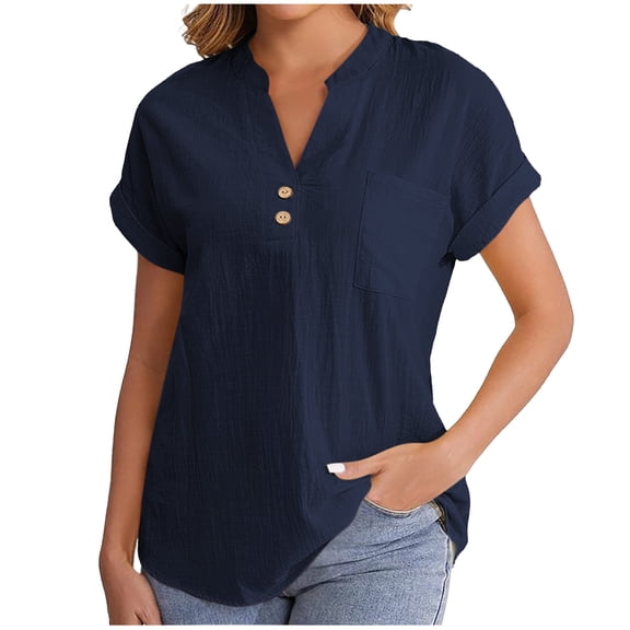 DeHolifer T-Shirts for Women Cotton Linen V-Neck Button Short Sleeve Casual Loose T-Shirts Summer Trendy Tee Tops Navy S