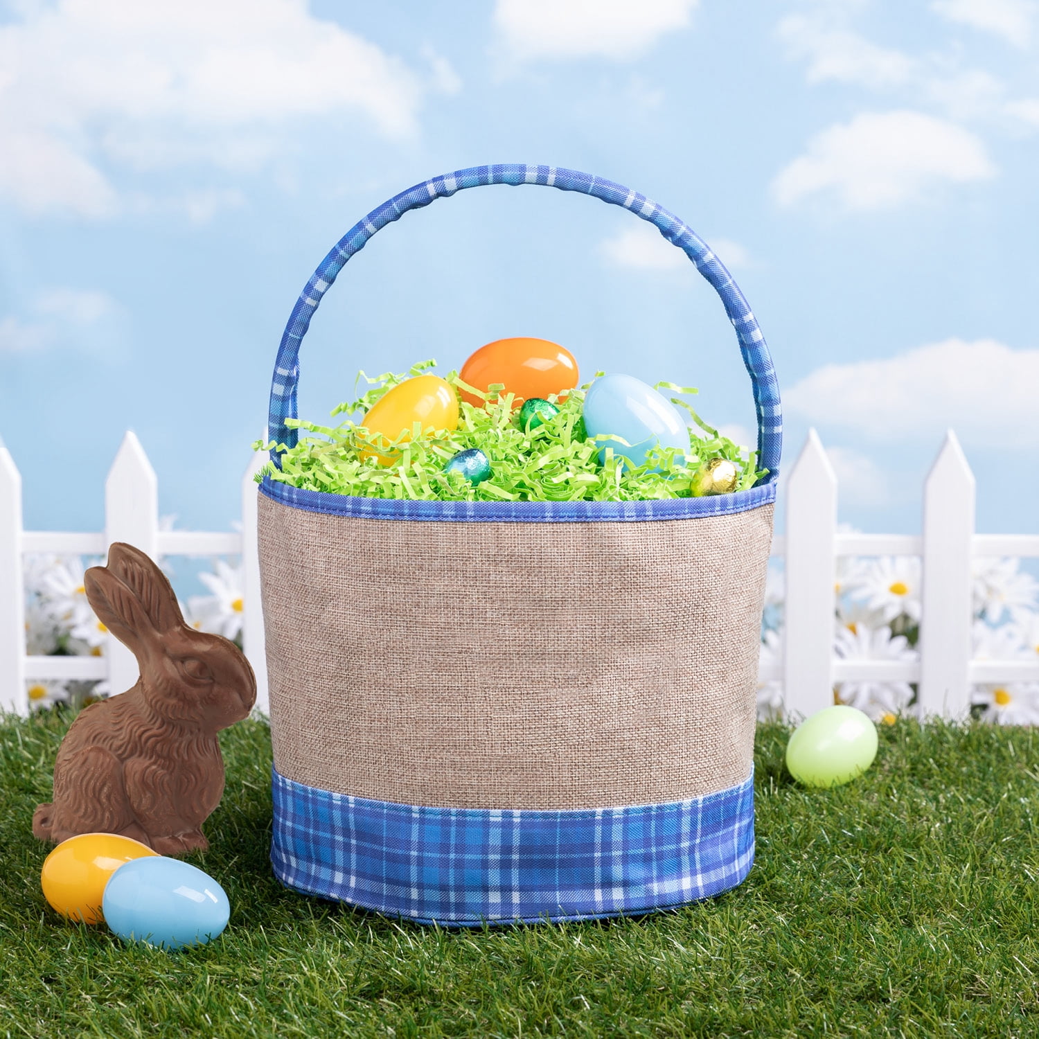 Personalized Blue Plaid Burlap Easter Bucket Bag with Custom Name Embroidery, Blue Letters