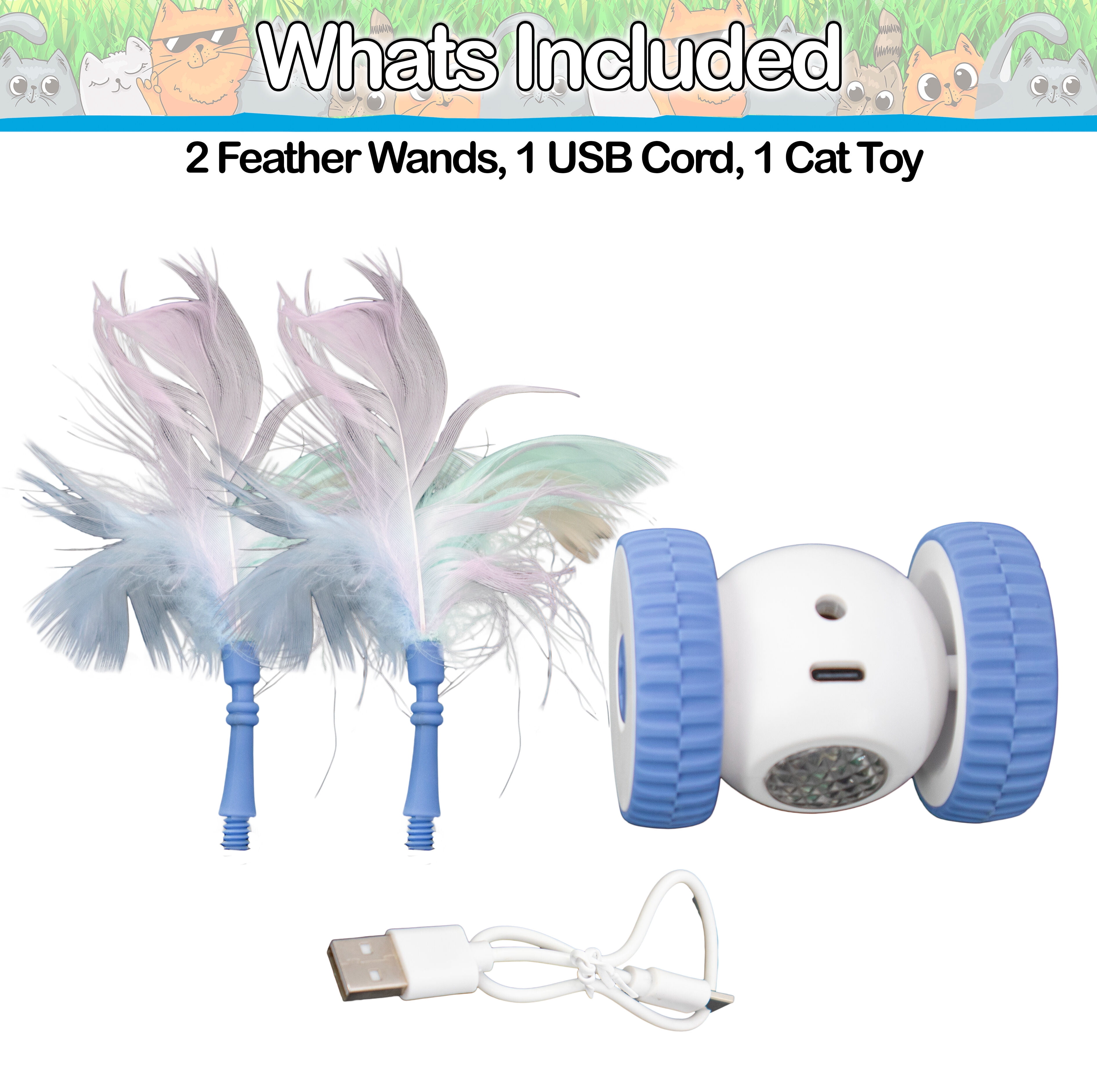 Interactive Cat & Dog Toy LED Lights, Wheels, & Moving Teaser Feather Wand - USB Rechargeable Automatic Moving Kitten Ball Toy for Exercise and Play