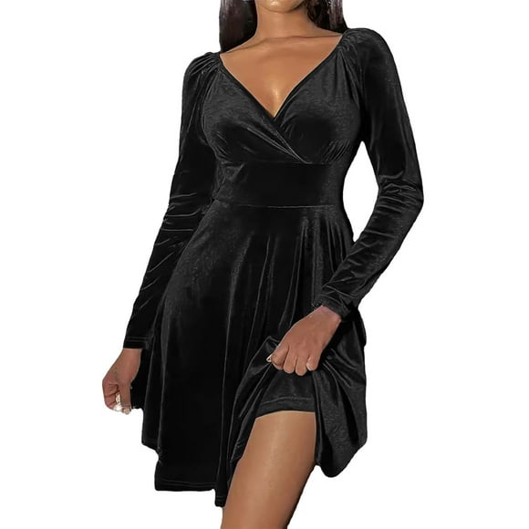 TSADFHJI Skirts for Women Women's 2024 V Neck Velvet Dress Pocket Long Sleeve Fall Winter Wrap Tunic Short Party Wedding Guest Dress M Black