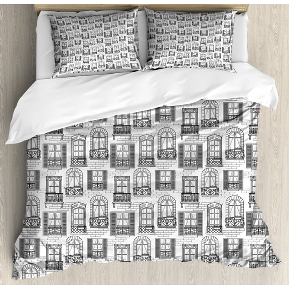 Geometric Duvet Cover Set Queen Size, Apartment Building Urban Architecture European Windows City Town Illustration, Decorative 3 Piece Bedding Set with 2 Pillow Shams, Grey White, by Ambesonne