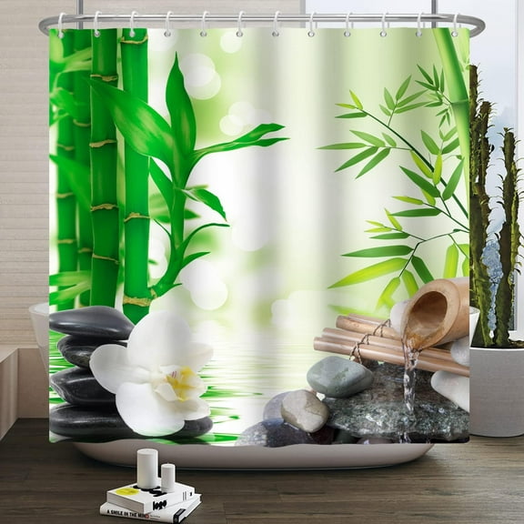 Zen Spa Shower Curtain Green Bamboo Pebble Stream Relaxing Meditation Shower Curtains Decorative for Bathroom Waterproof Fabric Shower Curtain with Hooks 72x84 Inches