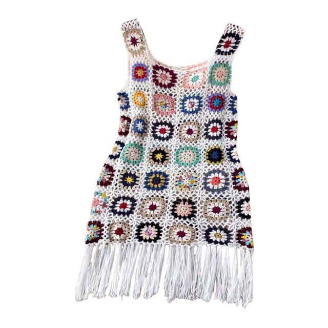 Robe de Plage pour Femmes en Crochet Colorée Sans Manches Ajourée à Franges