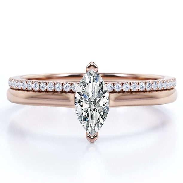 JeenMata Anillo de Bodas con Solitario de 1,75 Quilates de Talla Marquesa y Cuerpo Pavé, Engastado en Oro Rosa de 18 K sobre Plata (Personaliza Tu Anillo de Bodas)