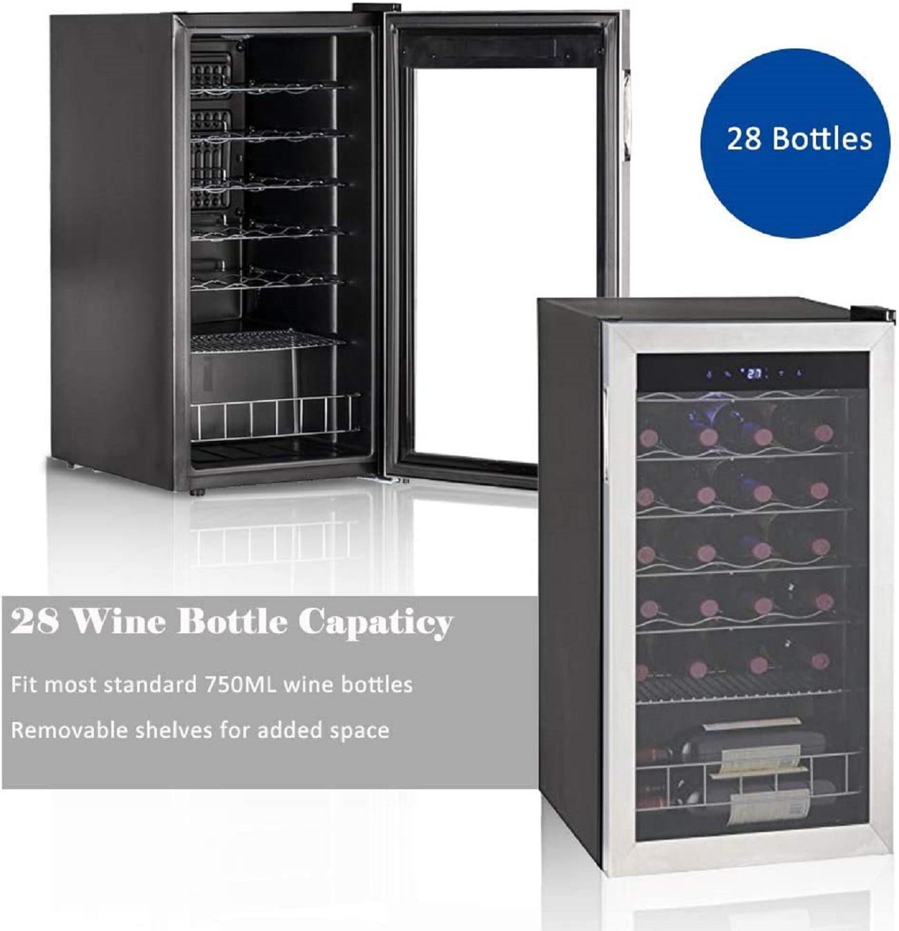 SMETA 3.1 Cu ft 28 Bottles Compressor Wine Coolers Stainless Steel Door No Frost Wine Fridges Freestanding Champagne Cooler, 110V