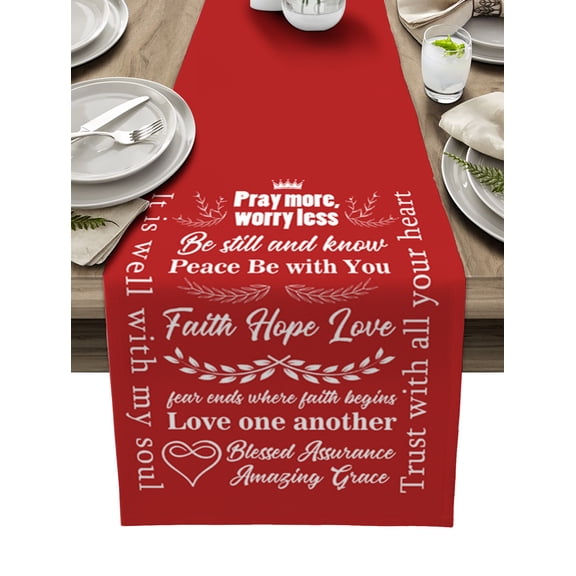 Table Runner Dresser Scarf 13 x 90 Inch Pray More, Worry Less Touching Quotes Red Background Table Runners Non-Slip Heat Kitchen Dining Table Decor for Indoor Outdoor Home Party Decoration