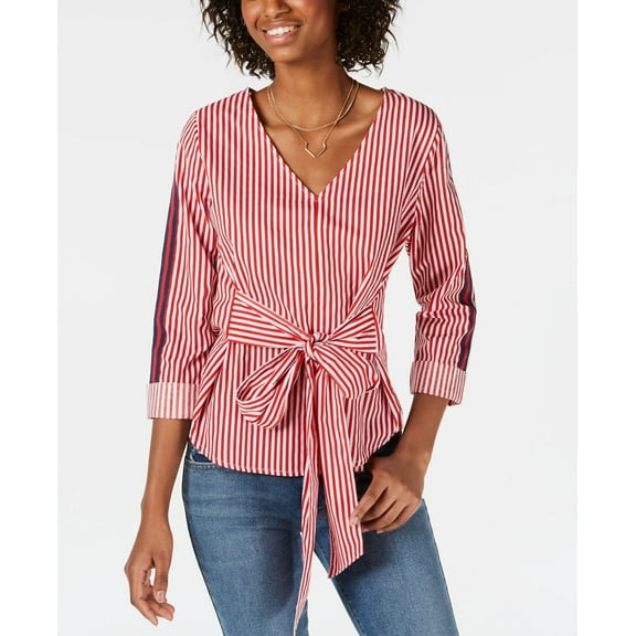 Almost Famous Juniors' Tie-Front Top (Red Stripe, L)