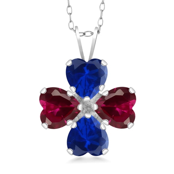Gem Stone King 925 Sterling Silver Blue Created Sapphire and Red Created Ruby 4 Heart Shape Gemstone September Birthstone Pendant Necklace for Women (3.84 Cttw, 6MM Heart, with 18 inch Silver Chain)
