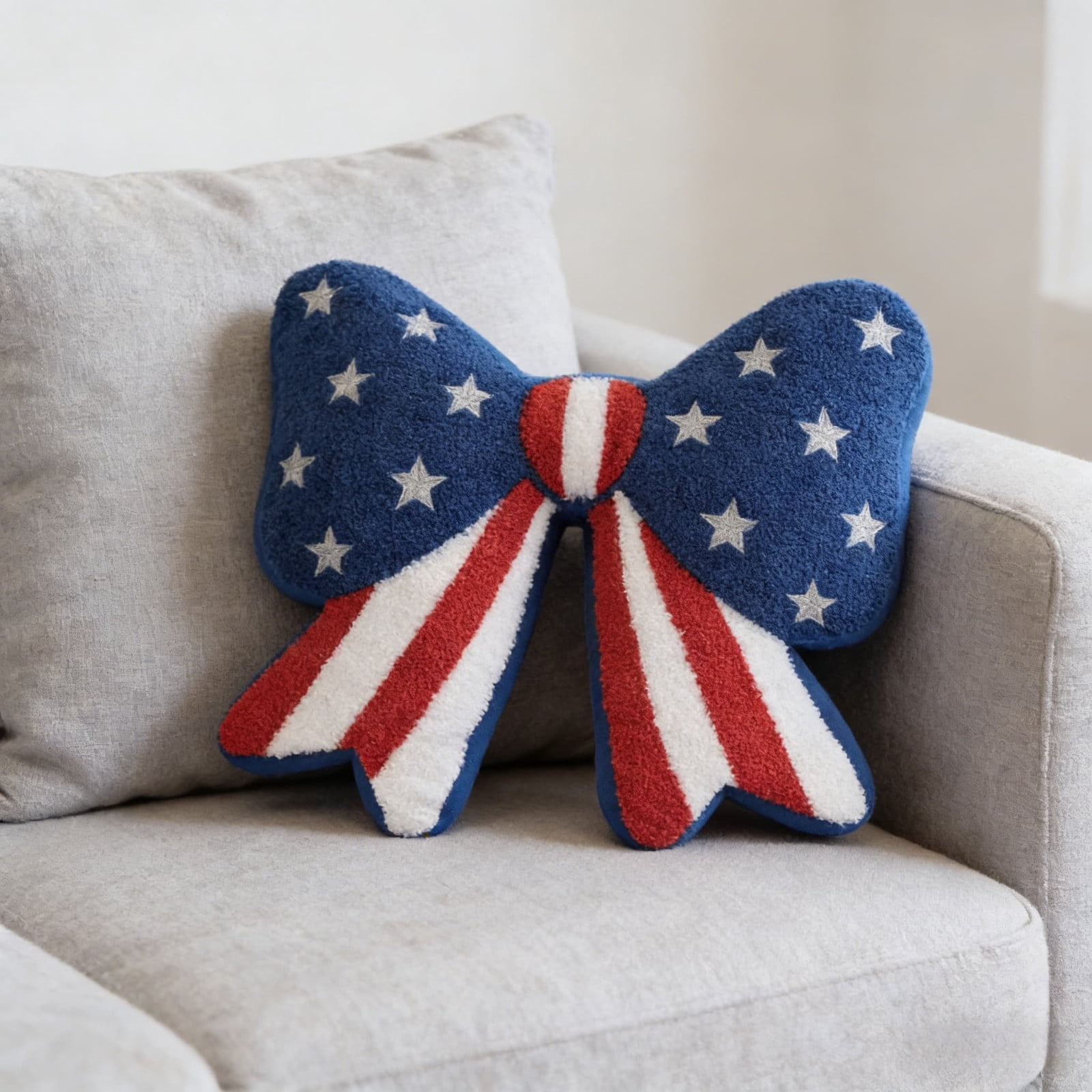 Fuebueo Independence Day Patriotic Bow Pillow, Red White and Blue Stars and Stripes Decorative Throw Cushion, 14.5 x 13 Inch