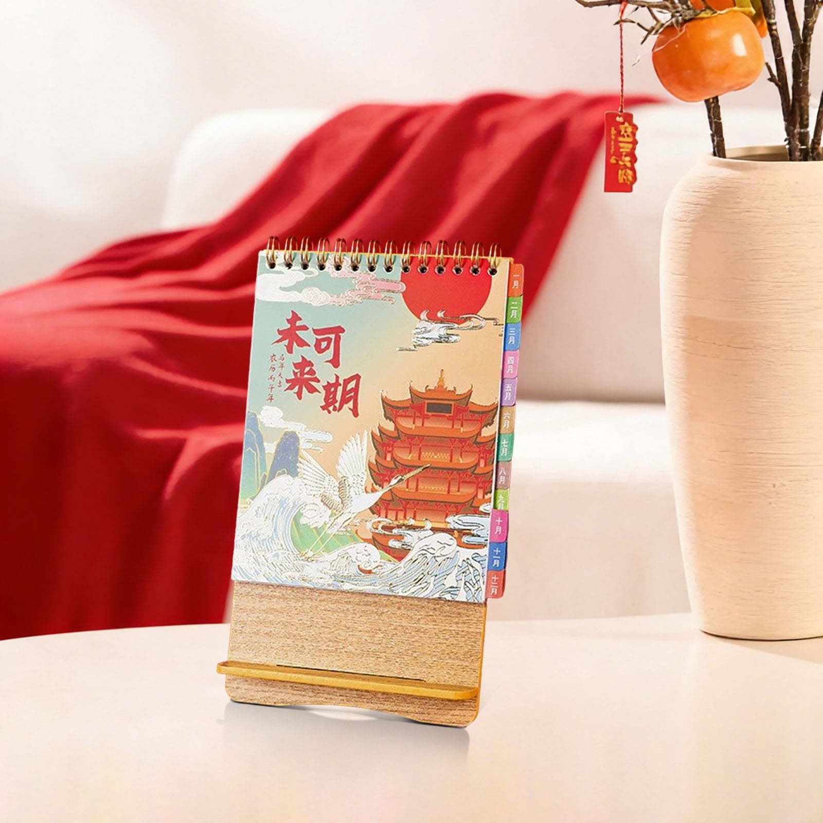 Weloille 2026 Wooden Desk Calendar Festive Red Mini Office Desktop Planner with Thick Paper Stand and Holiday Markings