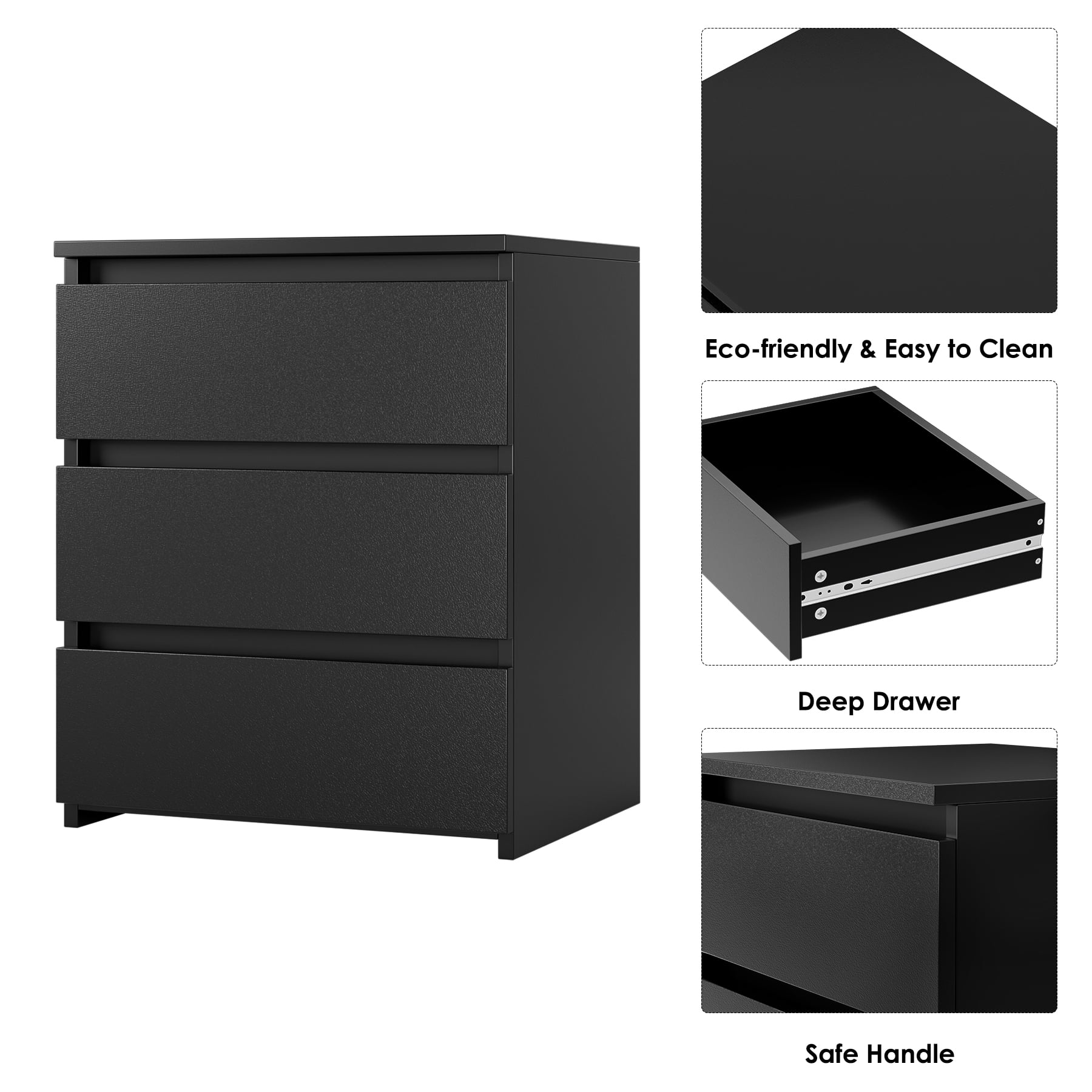 Homfa 3 Drawers Nightstand, Small Sofa Table, Wooden Storage Cabinet for Living Room, Black Finish