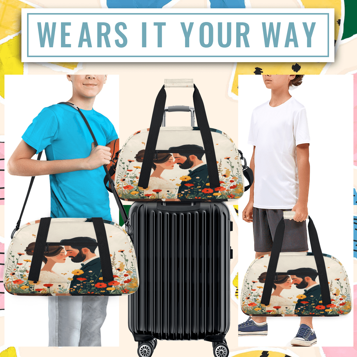 Herdesigns Wedding Theme Sports Duffle Bag for Women & Men, Lovers Couple Gym Bag Dance Bag Overnight Bag Carry On Weekender Travel Bag