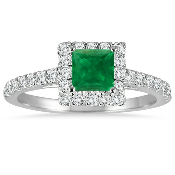 SZUL Women's 1 Carat TW Genuine Princess Cut Emerald and Diamond Halo Engagement Ring in 14K White Gold