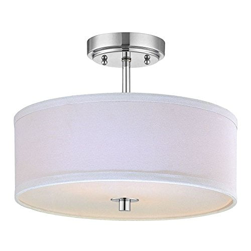 Modern Chrome Ceiling Light with White Drum Shade - 14-Inches Wide
