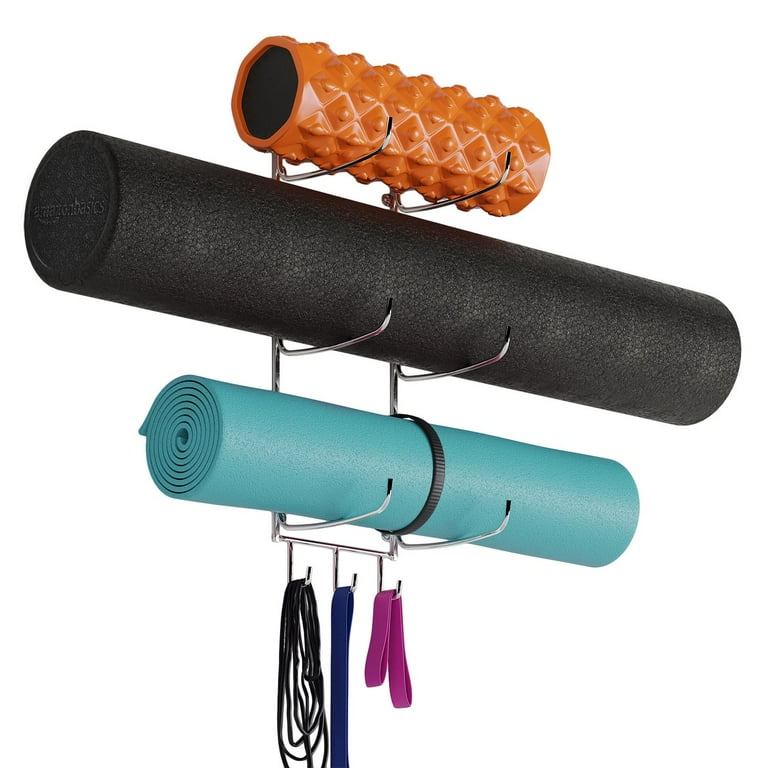 Wall Mounted Black Metal 3-Tier Yoga Mat Rack, Exercise Mat, Foam