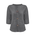 thumbnail image 4 of HongQid Women's Linen Shirt Loose T-shirts V-neck Button-down Basic Short Sleeve Tee Tops, 4 of 6