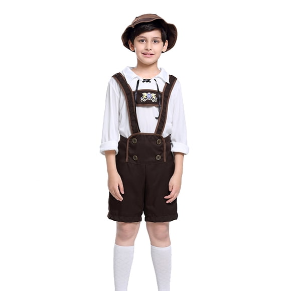 WEAIXIMIUNG Costumes Garçons Taille 14 Gris Garçons Tout-Petits Ensemble de Scène 4 Pcs 1 Pce Haut+1 Pce Bavoir Court+1 Pce Chapeau Vêtements de Festival Traditionnel pour Enfants Ensemble à Bretelles Brodé