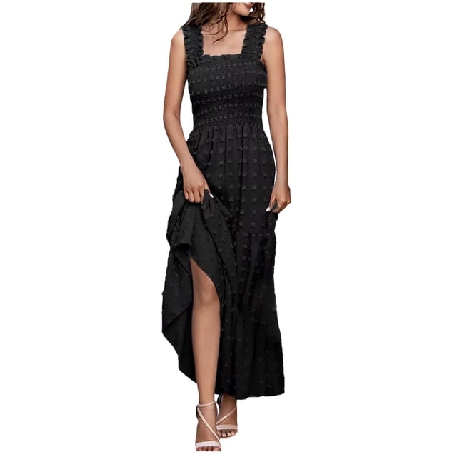 Birdeem Womens Sleeveless Extra Long Solid Shoulder Strap Dot Tank Top A-Line Hem Layered Dress