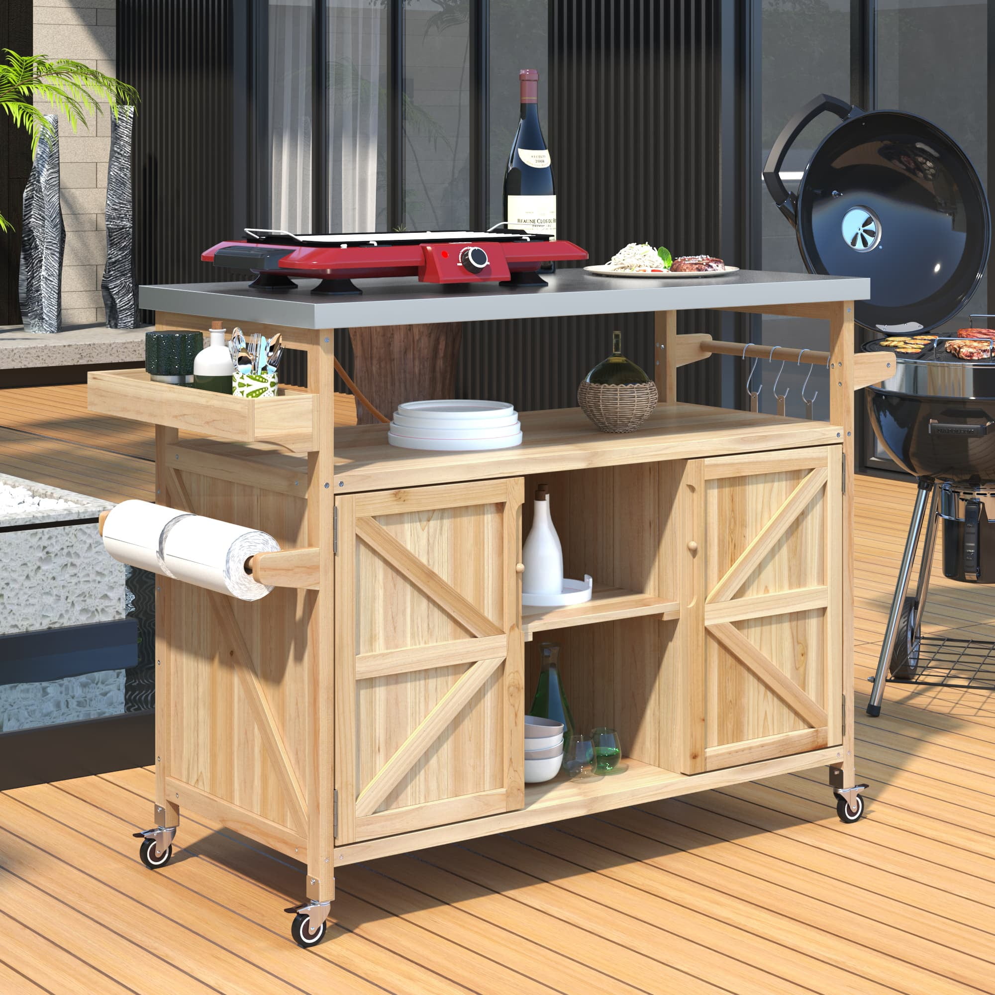 MAYEERTY Outdoor Kitchen Island - Solid Wood Grill Table, Stainless Steel Top, Natural