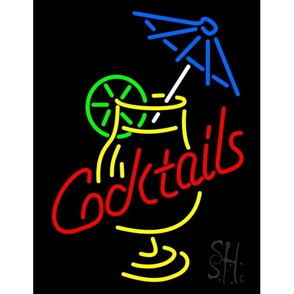 Cocktail and Martini Umbrella Cup Bar LED Neon Sign 19 x 15 - inches, Clear Edge Cut Acrylic Backing, with Dimmer - Bright and Premium built indoor LED Neon Sign for Bar decor.