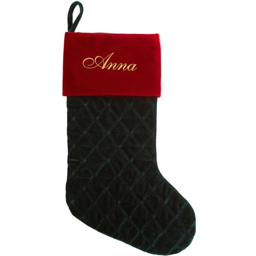 Personalized Velvet Diamond Stocking, Green with Burgundy Cuff