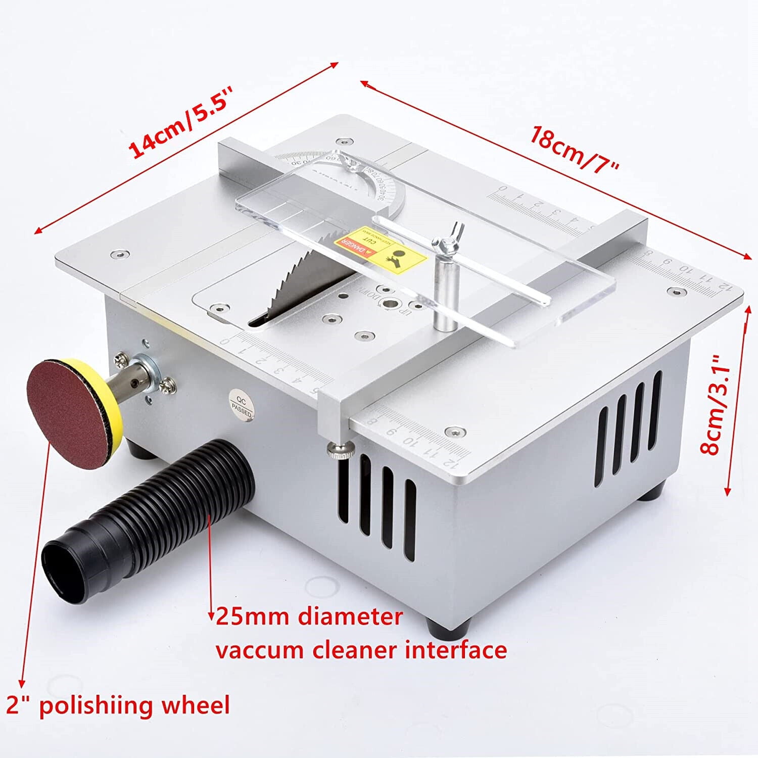 TOPCHANCES Mini Hobby Table Saw with Miter Gauge, 2.5 Inch HSS Alloy Steel Circular Saw Blade,96W Adjustable-Speed Power Supply for DIY Handmade Wooden Model Crafts