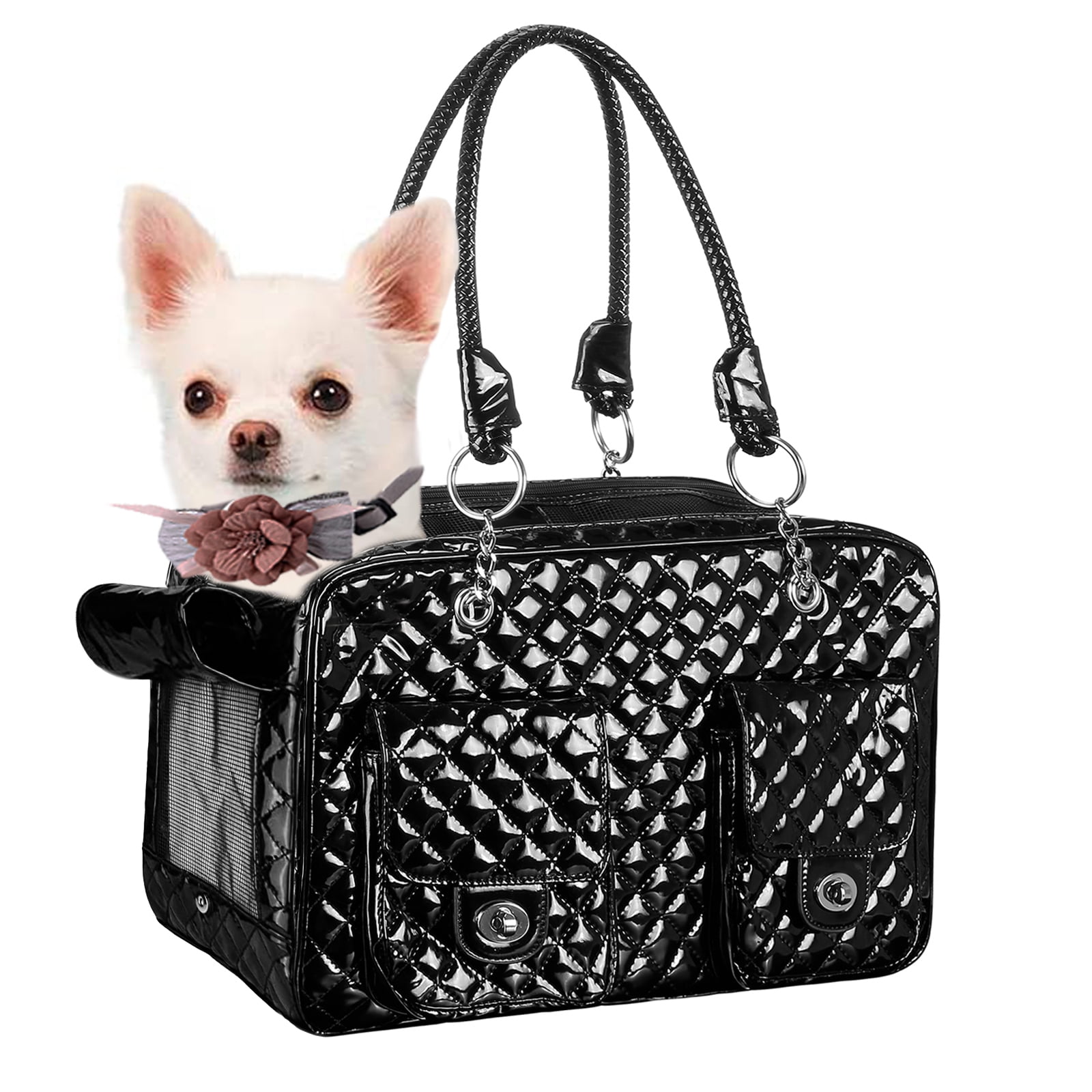 NewEle Fashion Dog Purse Carrier for Small Dogs with 2 Super-large Pockets, Holds Up to 10lbs PU Leather Pet Carrier, Cat Carrier, Airline Approved