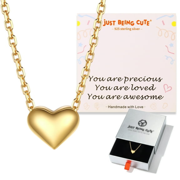 Just Being Cute Puffy Heart Necklace for Women 14K Gold Plated Love Pendant Necklaces Birthday Valentines Day Jewelry Gifts Her Girlfriend Wife Female Adults Age Ideas