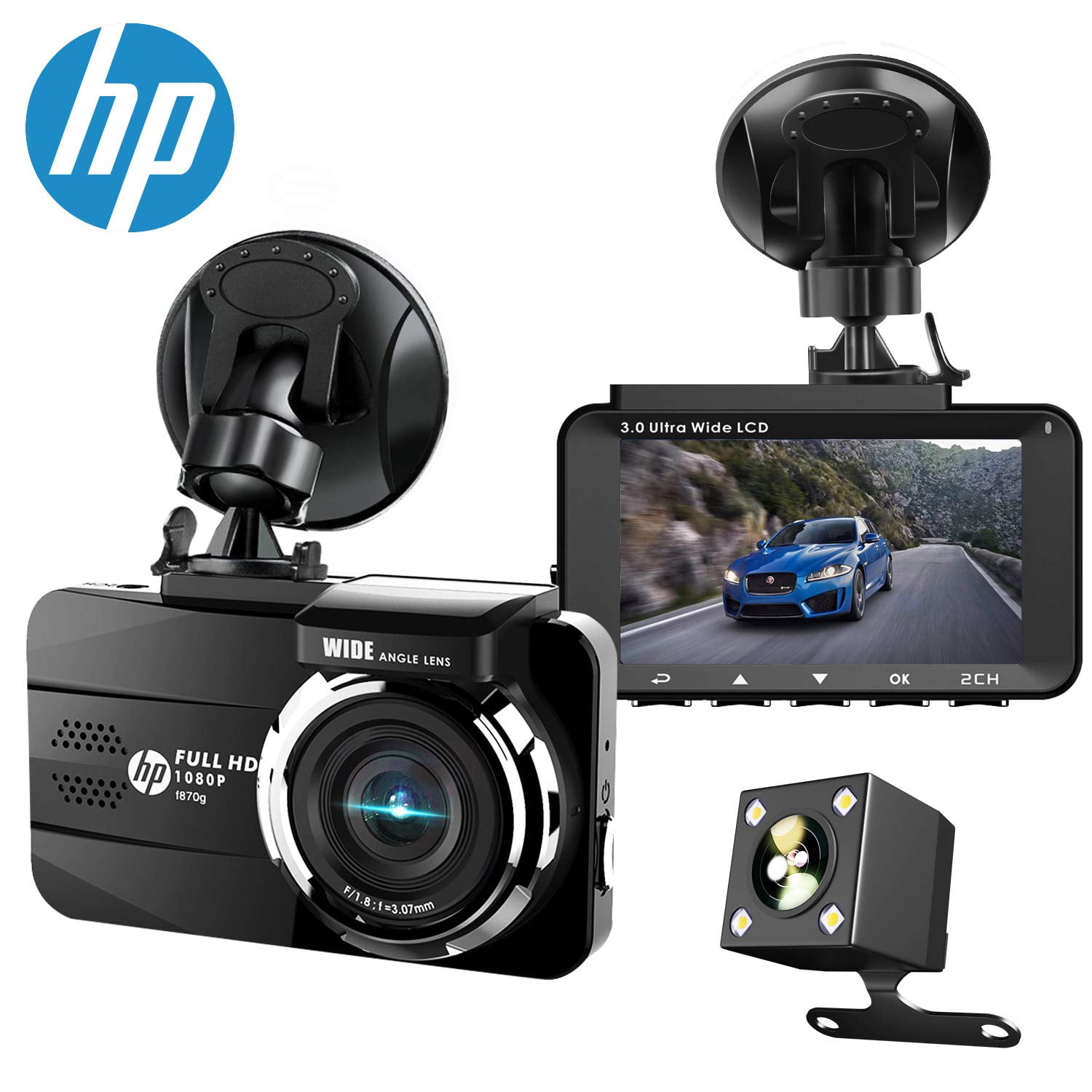 HP Dual Dash Cam Builtin GPS FHD 1080P Front Rear Dashboard Recorder