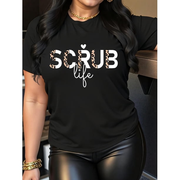 Women's "Scrub Life" Casual Fashion Tee - Green with Leopard Print & Heart, Round Neck Short Sleeve, 100% Polyester, Machine Washable