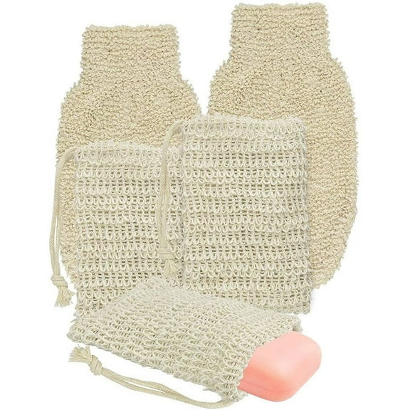BUZIFU 2 Exfoliating Gloves   3 pcs Soap Bag with Drawstring Natural Sisal Soap Bags Exfoliating Gloves Shower Scrubber Shower Soap Net for Foaming and Drying Soap/Scrub/Body Cleaning