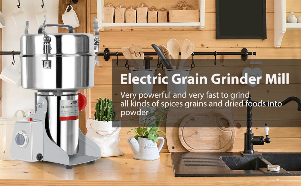 Rocita Electric Grain Mill Grinder, 2500g Commercial Spice Grinder, 2600W  High Speed Stainless Steel Pulverizer Dry Grinder Grinding Machine for