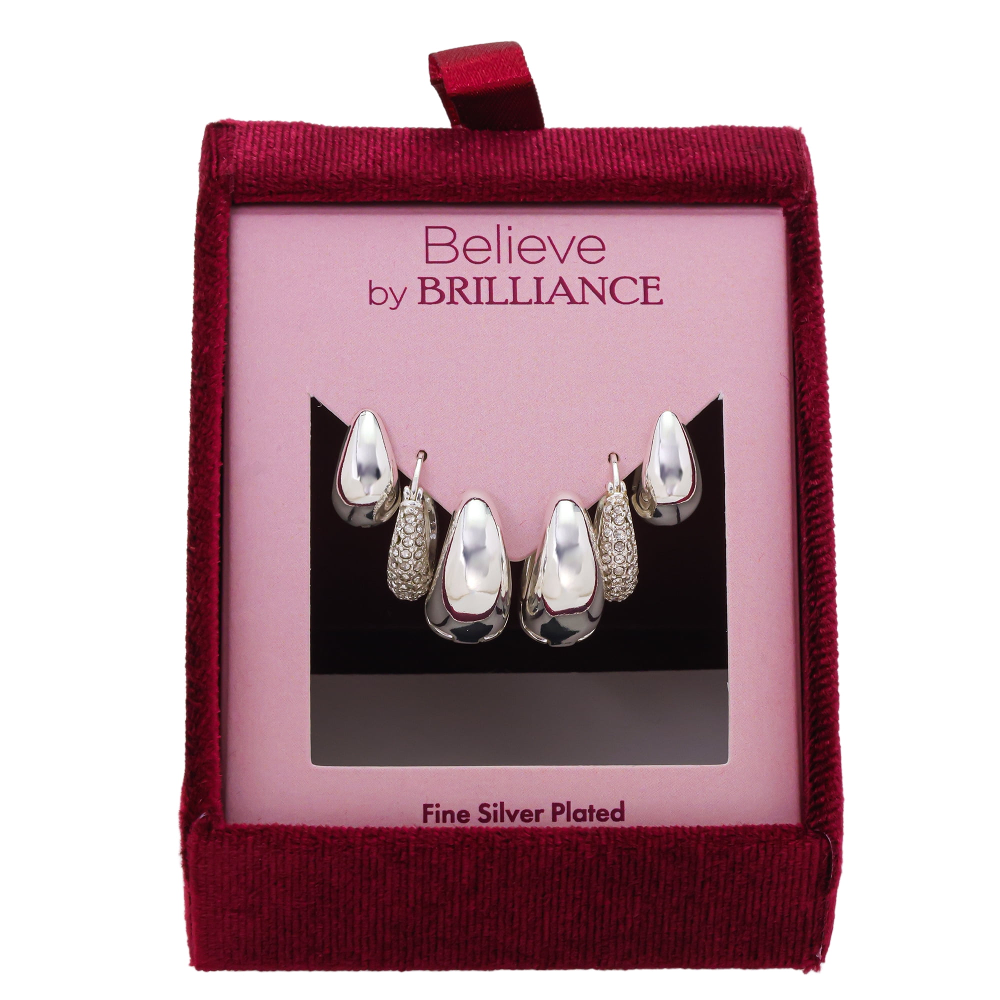 Believe by Brilliance Women's Silver Plated Crystal Hoop Earring Set