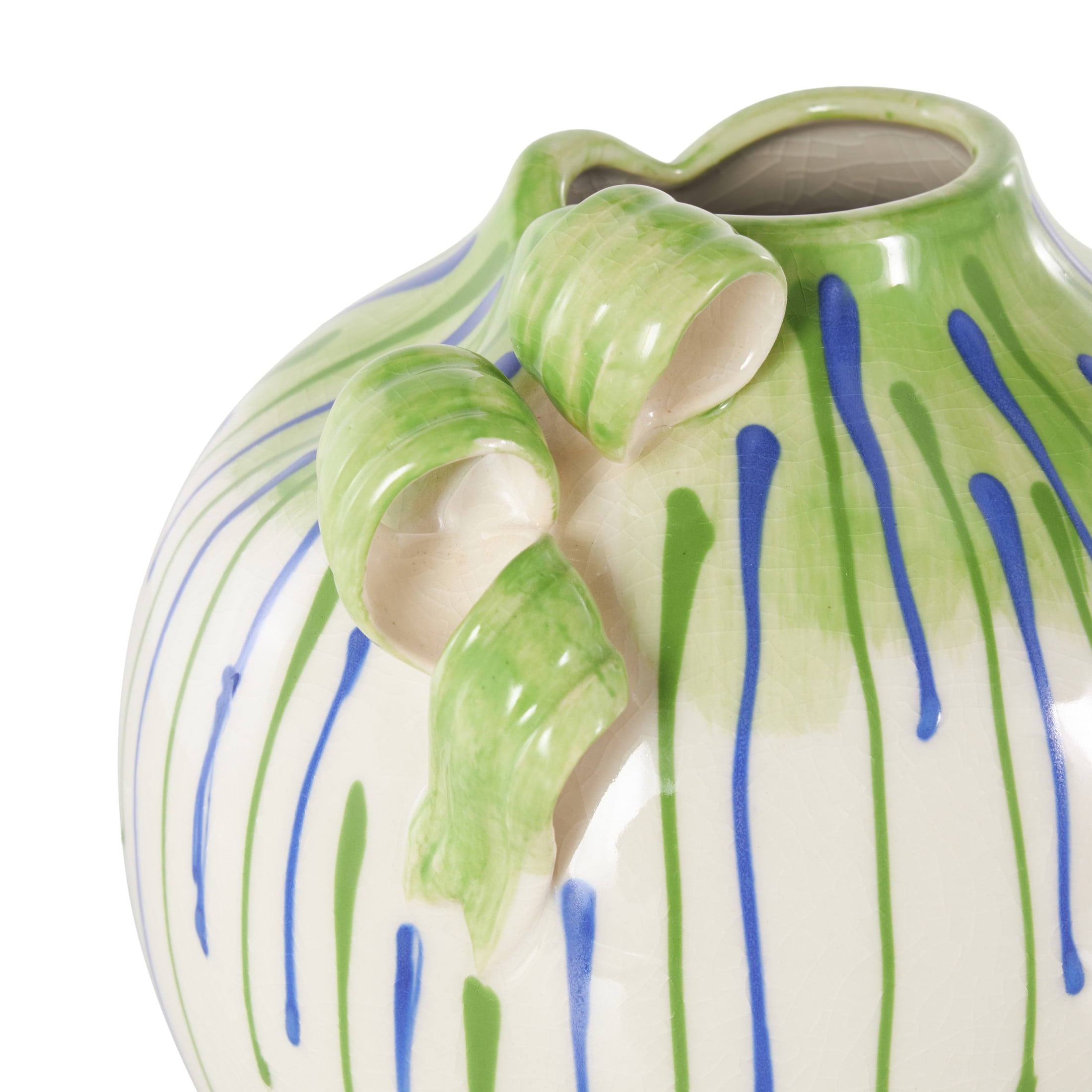 DecMode 8" Abstract White Ceramic Vase with Green and Blue Drip Design and Handles