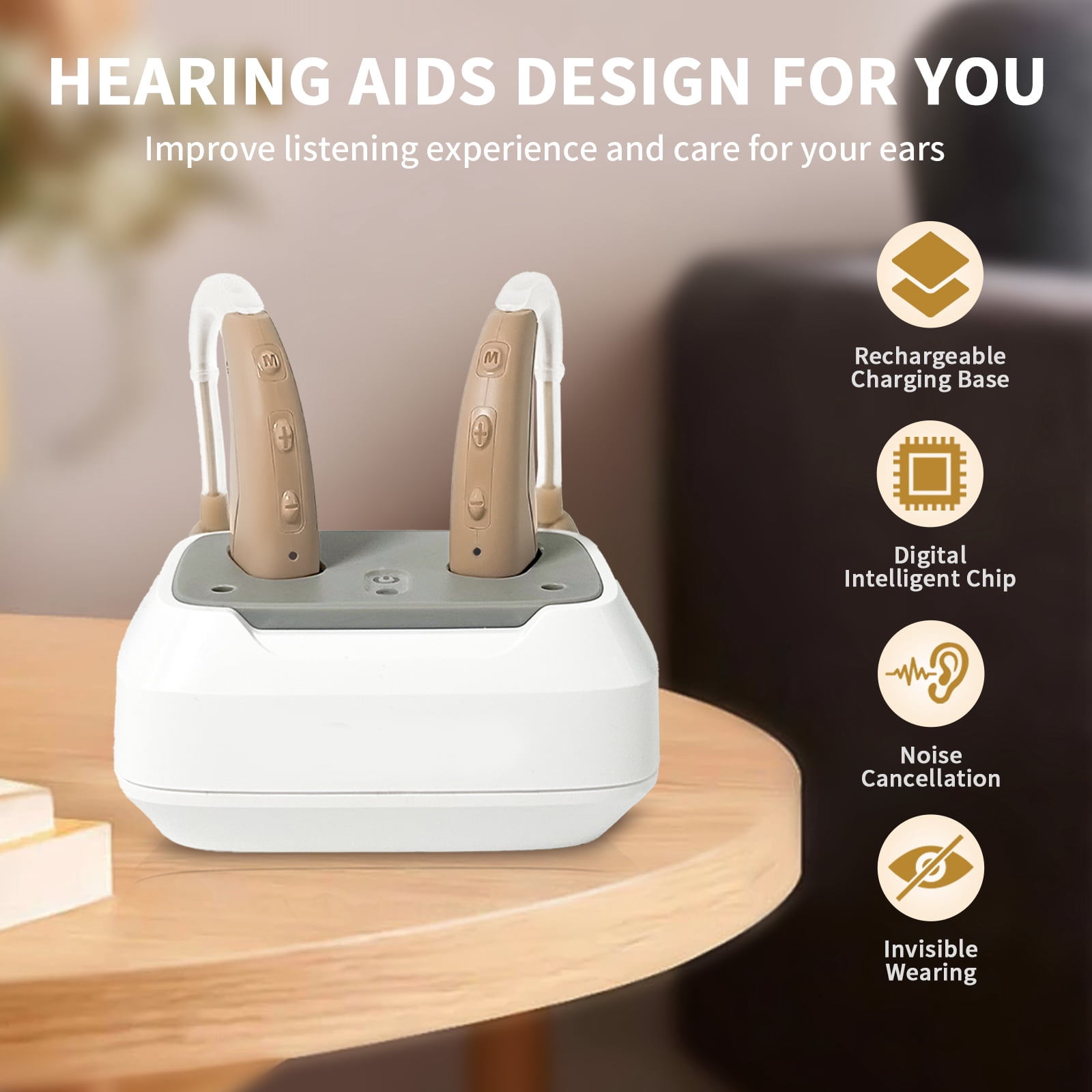 HIBRIQ Digital Hearing Aids for Seniors, Rechargeable with Charging Base, 4-Mode for Hearing Loss, Button Control