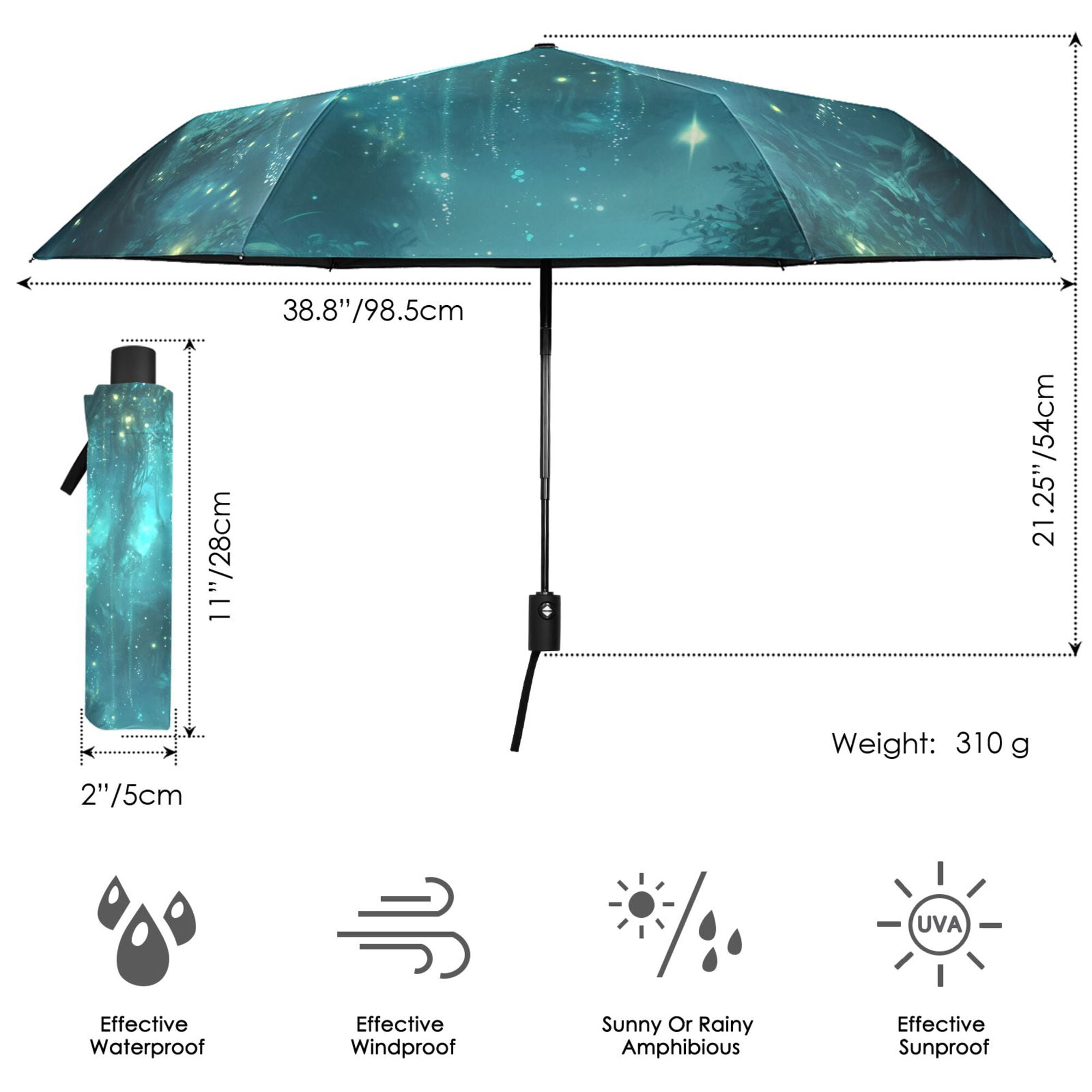 FORMRS Travel Umbrella Folding Auto Open Close Windproof Rain UV Protection, Magical Forest