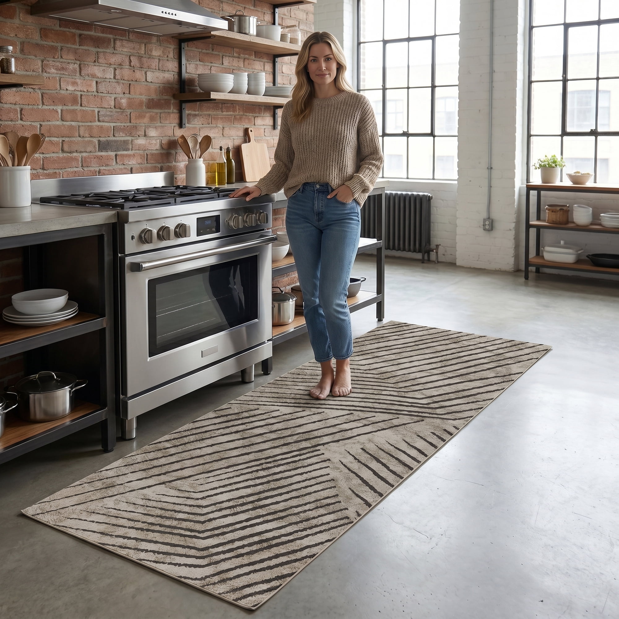 Unique Bargains Geometric Anti Waterproof Cushioned Comfort Rug Khaki Line 47" x 18"